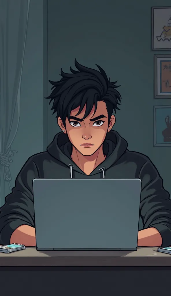 A 2D digital illustration of a hacker character, light-skinned, black hair, sitting in front of an open laptop, staring at the camera. His full arms are visible, with no cuts at the elbows. He has an intense and focused expression. The environment is a sim...