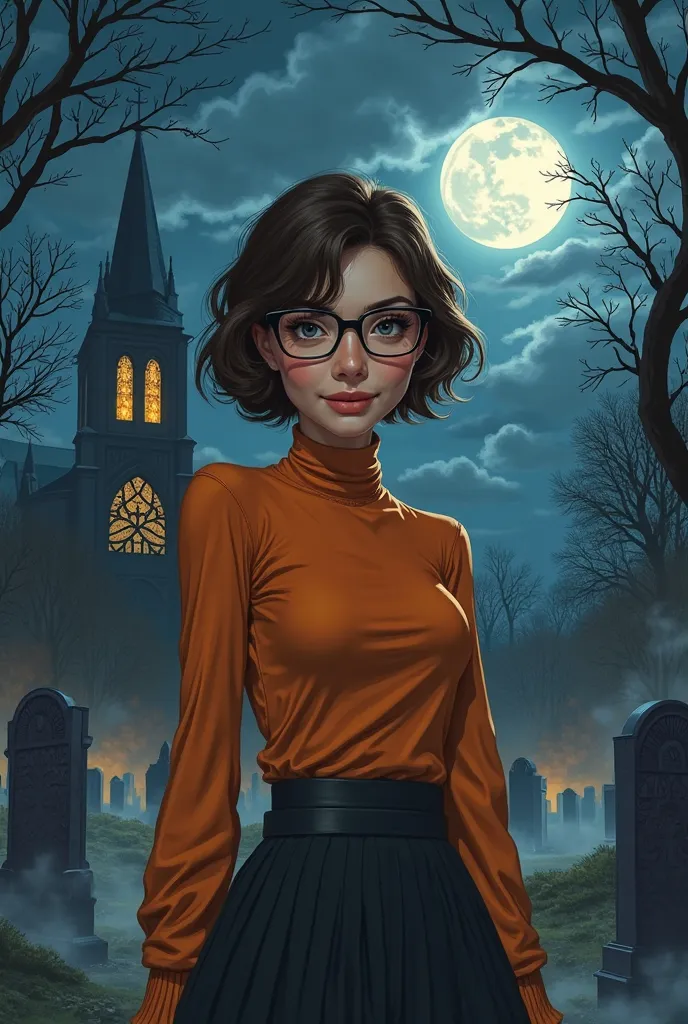 A young woman with short, stylish brown hair and black-rimmed glasses stands in a mysterious, moonlit graveyard at night. She has a confident yet playful expression, with a warm smile and bright eyes that contrast with the eerie setting. She wears an elega...