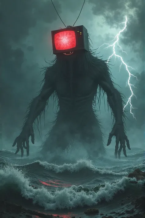 A monster emerges from a rough sea and has a television set on its head and it emits a bright reddish light and there is a terrible storm and lightning 