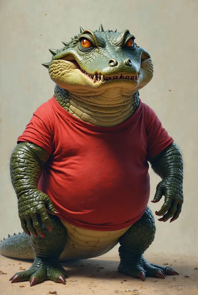 An angry alligator in a red shirt looking forward with its mouth closed 