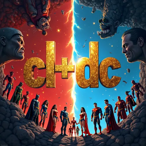 "A hyper-realistic illustration in the style of DC Comics, featuring an iconic group of superheroes and villains. In the center of the image, large shiny gold text displays 'clãdc' with a glittering metallic effect, standing out brightly against the backgr...