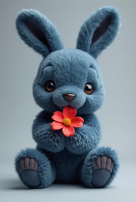 Dark Blue bunny plush holding a small red flower 