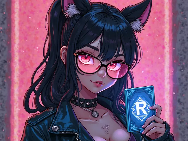  create a female character , with Neko and Cyberpunk features, This character is looking forward, But you have your body on your side, in a very cool position, She also wears very cool glasses, And in her hand she is holding a digital currency, with the na...