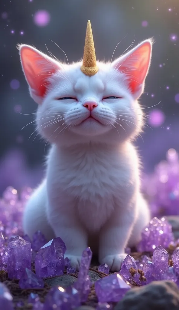 "A mystical cat with closed eyes, surrounded by shimmering purple crystals. Its fur is soft and shines slightly, its ears are pointed and there is a small golden horn on its forehead. The scenery has an ethereal glow, like an enchanted world."