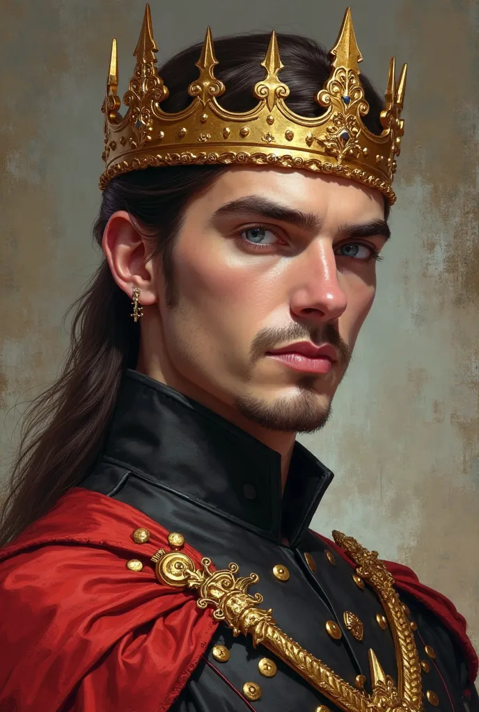 handsome and young man, with long dark brown hair in a low bun, with a crown on his head and short beard, with blue eyes and with black red and gold clothes