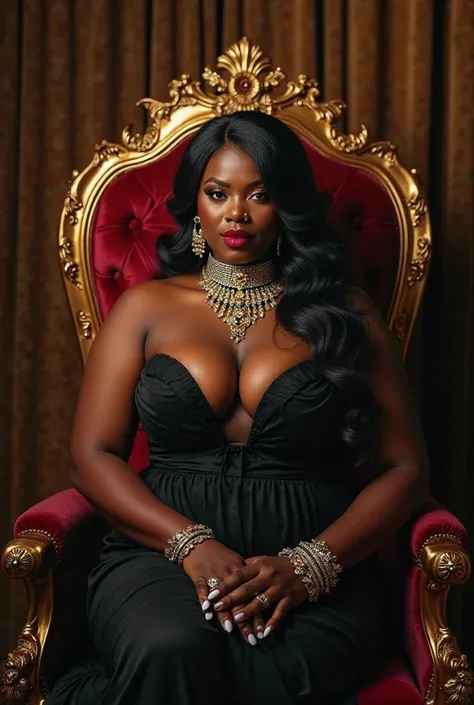 a very fair-skinned black woman, with a lot of curves sexualizing on a throne in a photo shoot