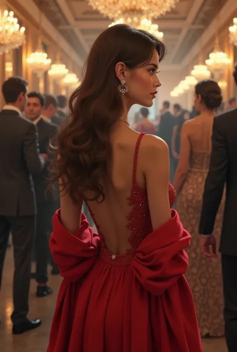 Young sweet brunette girl facing away at an elegant and fancy party wearing a red dress and a red coat