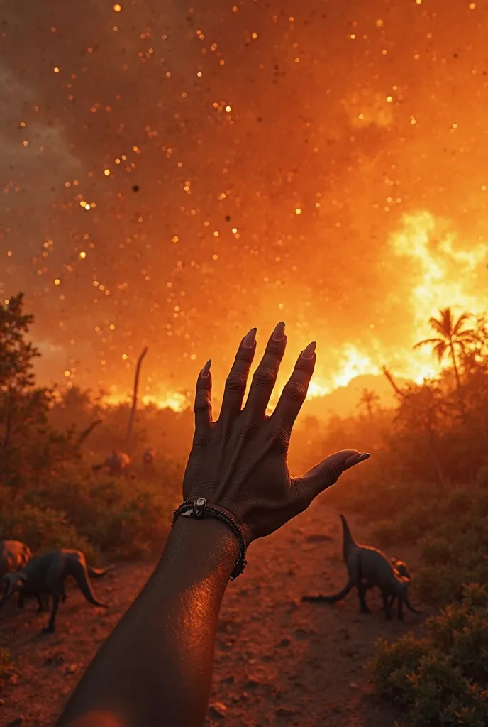 First-person perspective, raising a clawed hand to shield my eyes as molten rock begins to rain from the sky. The atmosphere glows an eerie orange, and every drop of fiery debris ignites the dry vegetation. Nearby dinosaurs panic, stampeding in every direc...