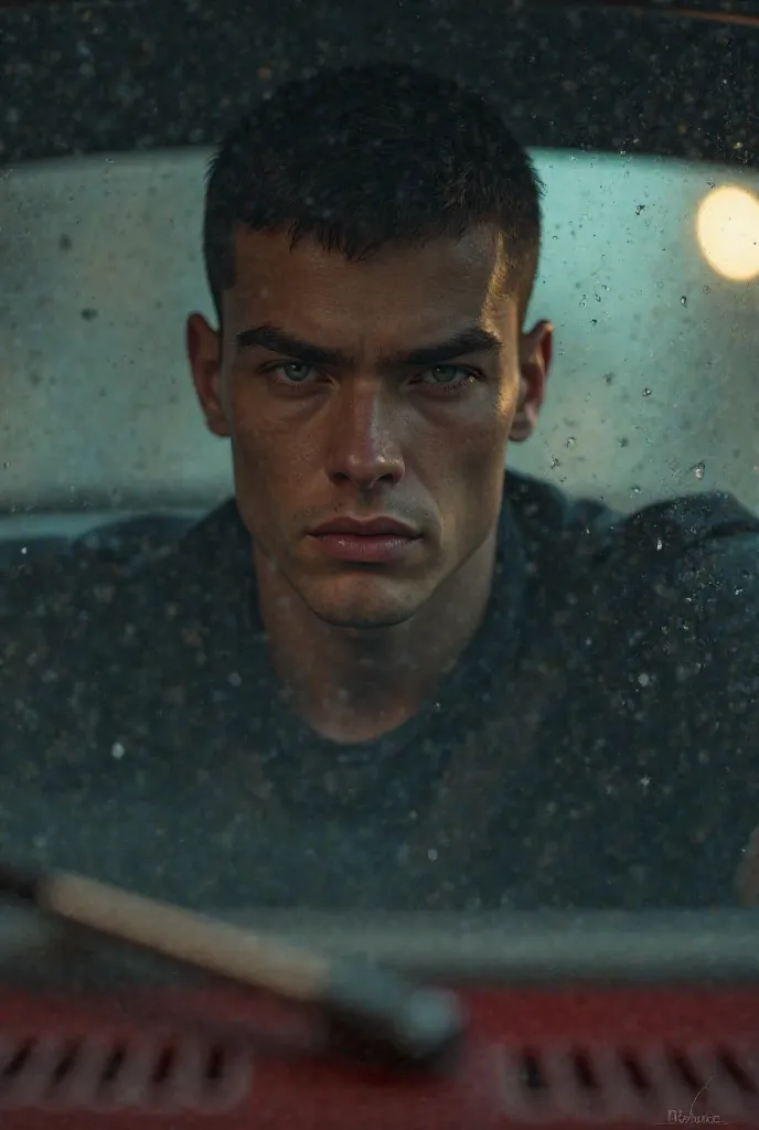 Play 25-year-old Alain Delton,dark brown buzz hair, light green eyes, muscular ,bushy eyebrows and no beard,sitting inside a car 