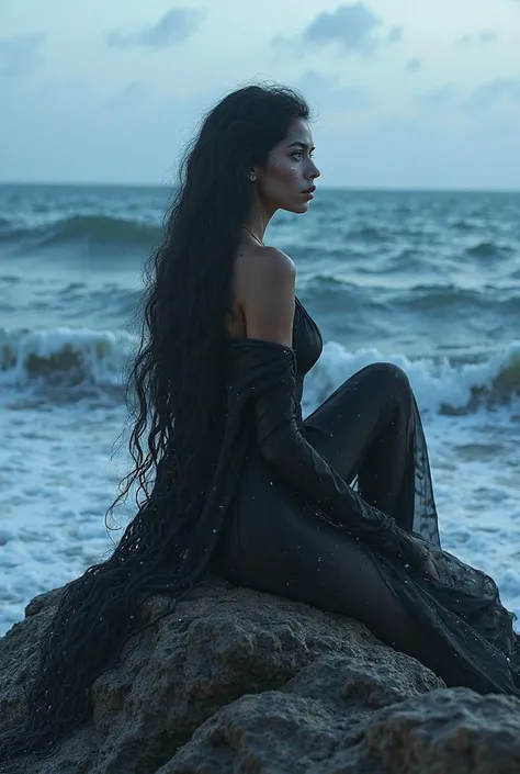 Women spotted seal selkie. On rock with ocean behind her. Black hair violet eyes 