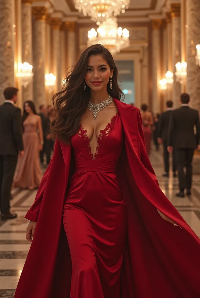 Young brunette woman at an elegant and fancy party wearing a red dress and a red coat