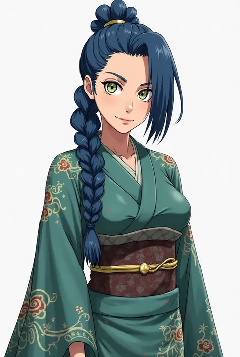 Create an illustration of a female Naruto character with blue hair and a double braid, mature round face with strong personality, round yellow and green eyes, adult with full body and big breasts, kimono, kunoichi, human matatabi, white background