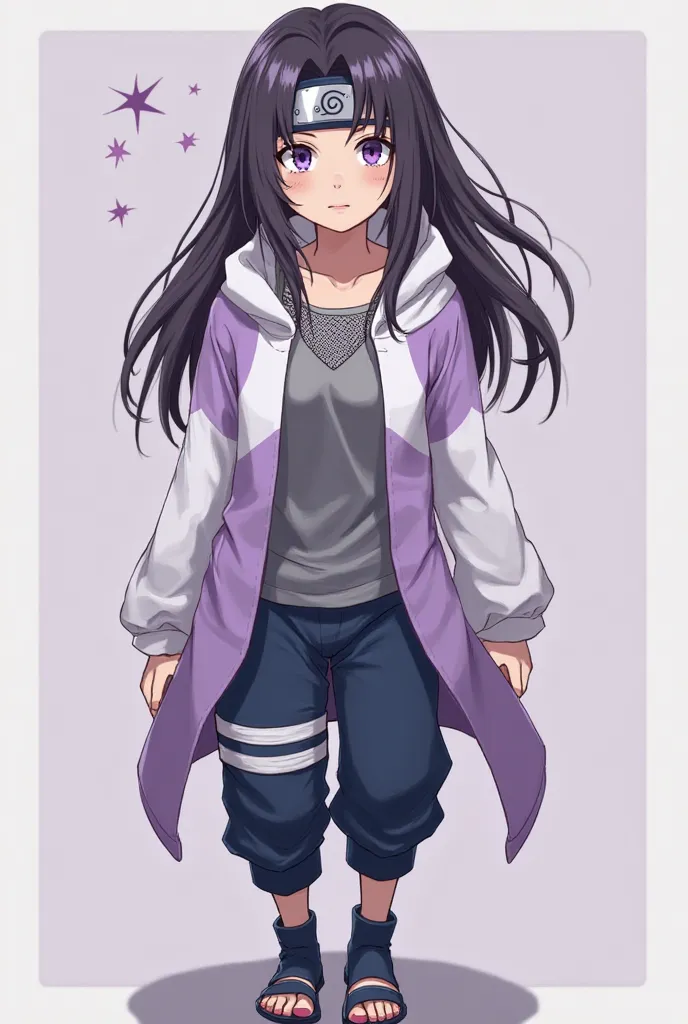 One with purplish black hair. Lilac eyes almost white, like Naruto's Byakugan. Lilac and white hoodie, mesh blouse underneath, dark blue ninja pants, ninja sandal, headband around the neck like Hinata, SHE IS NARUTO'S, A HYUUGA.