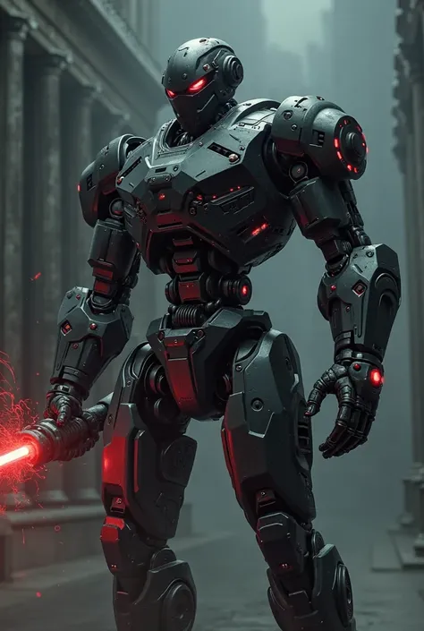 Black killer robot with small red light around its body and holding a electric tazer staff 