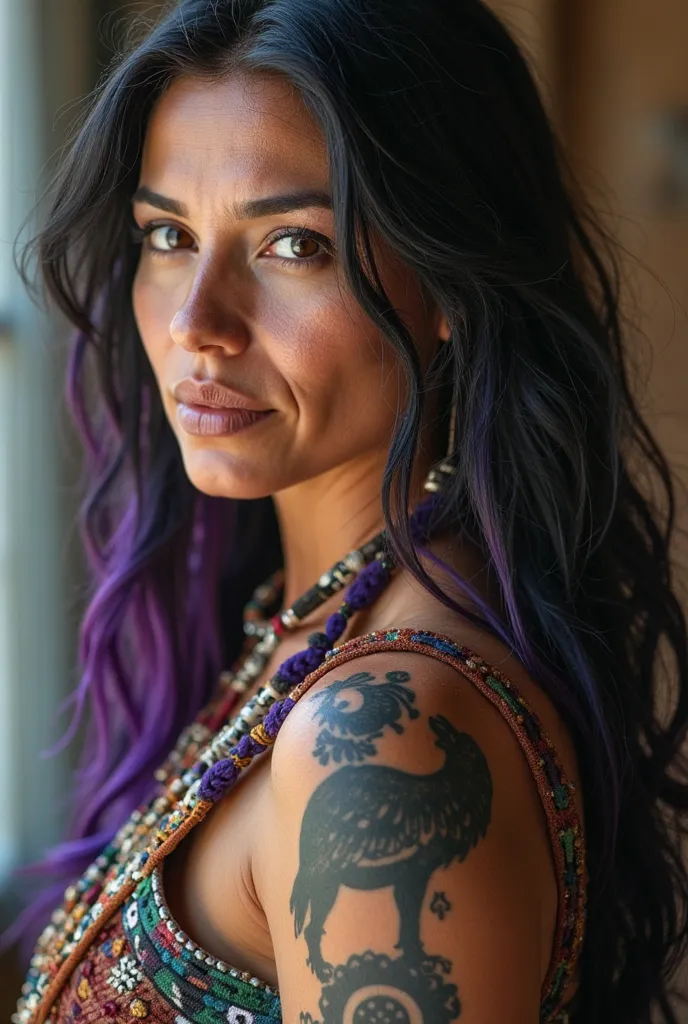 43 year old North American Indigenous woman, black hair with purple highlights, raven tattoo on right shoulder, howling wolf tattoo on left shoulder, archery bow tattoo on inner left forearm, archery arrow tattoo on inner right forearm, wearing traditional...