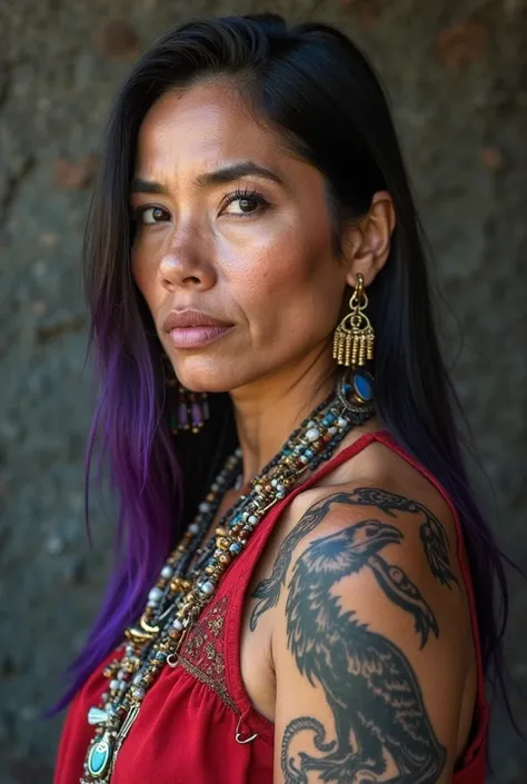 43 year old North American Indigenous woman, black hair with purple highlights, raven tattoo on right shoulder, howling wolf tattoo on left shoulder, archery bow tattoo on inner left forearm, archery arrow tattoo on inner right forearm, wearing traditional...