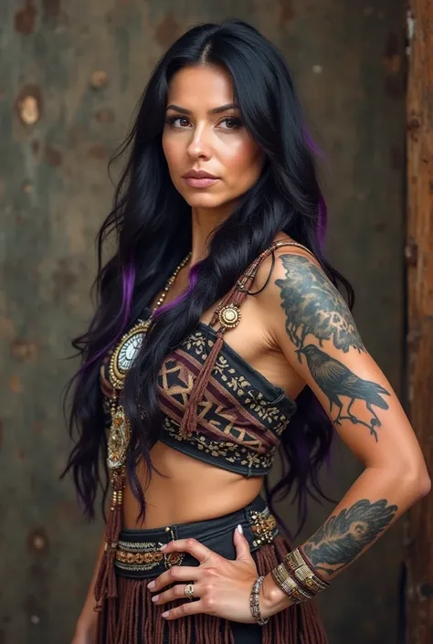 43 year old North American Indigenous woman, black hair with purple highlights, raven tattoo on right shoulder, howling wolf tattoo on left shoulder, archery bow tattoo on inner left forearm, archery arrow tattoo on inner right forearm, wearing traditional...