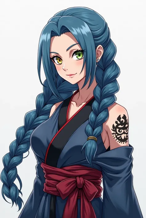 Create an illustration of a female Naruto character with blue hair and a double braid, mature round face with strong personality, one yellow eye and one green eye, adult with full body and big breasts, blue and black kimono with red, kunoichi, human matata...