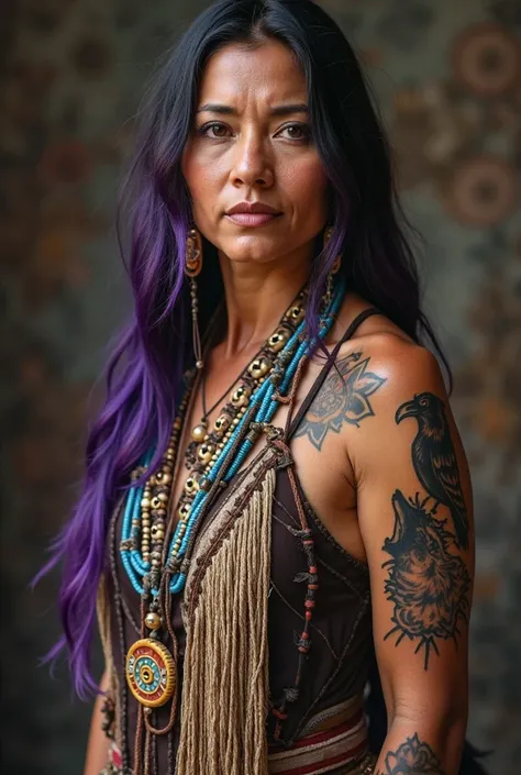 43 year old North American Indigenous woman, black hair with purple highlights, raven tattoo on right shoulder, howling wolf tattoo on left shoulder, archery bow tattoo on inner left forearm, archery arrow tattoo on inner right forearm, wearing traditional...