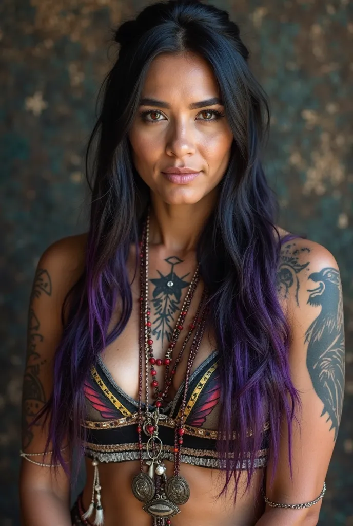 43 year old North American Indigenous woman, black hair with purple highlights, raven tattoo on right shoulder, howling wolf tattoo on left shoulder, archery bow tattoo on inner left forearm, archery arrow tattoo on inner right forearm, wearing traditional...