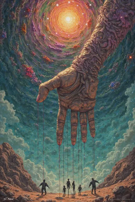 A psychedelic image of a hand with 5 fingers and fingertips turned down with lines tied around each finger and guman puppets being controlled