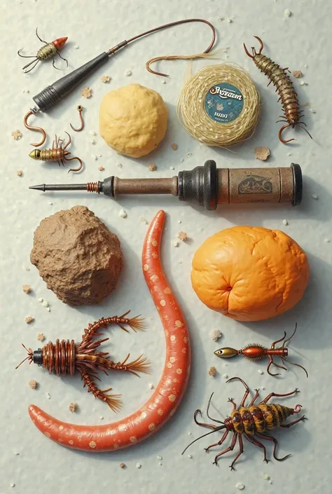 Close das iscas (The worm, Playdough, insect) And the fishing equipment.