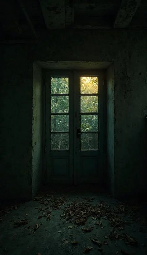 "An outside view of an old, shady building at night. The windows are dark , except for one , that has a faint, yellowish light.  The environment is humid , with some dry leaves on the floor. The atmosphere conveys mystery and a sense of imminent danger."