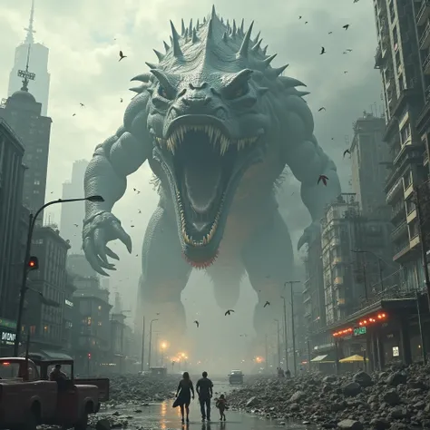 A huge creature is eating the city.