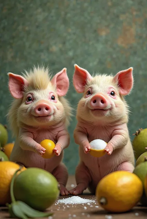 TWO ANGRY-FACED PIGS, ONE WITH LONG HAIR AND THE OTHER WITH SHORT HAIR, THE SHORT-HAIRED ONE HAS LEMONS ON THEIR HANDS AND THE LONG-HAIRED ONE HAS SALT, THEY ARE SURROUNDED BY GIANT HUMANOID GREEN MANGOES THAT WANT TO FIGHT AGAINST PIGS