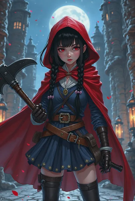 Bleedman style, a  girl, loli body ,  ,black hair two braids, wearing a red hooded cloak. medieval clothes, holster, holding an axe, serious look, giant wall in the background , night. Badass , perfect anatomy 