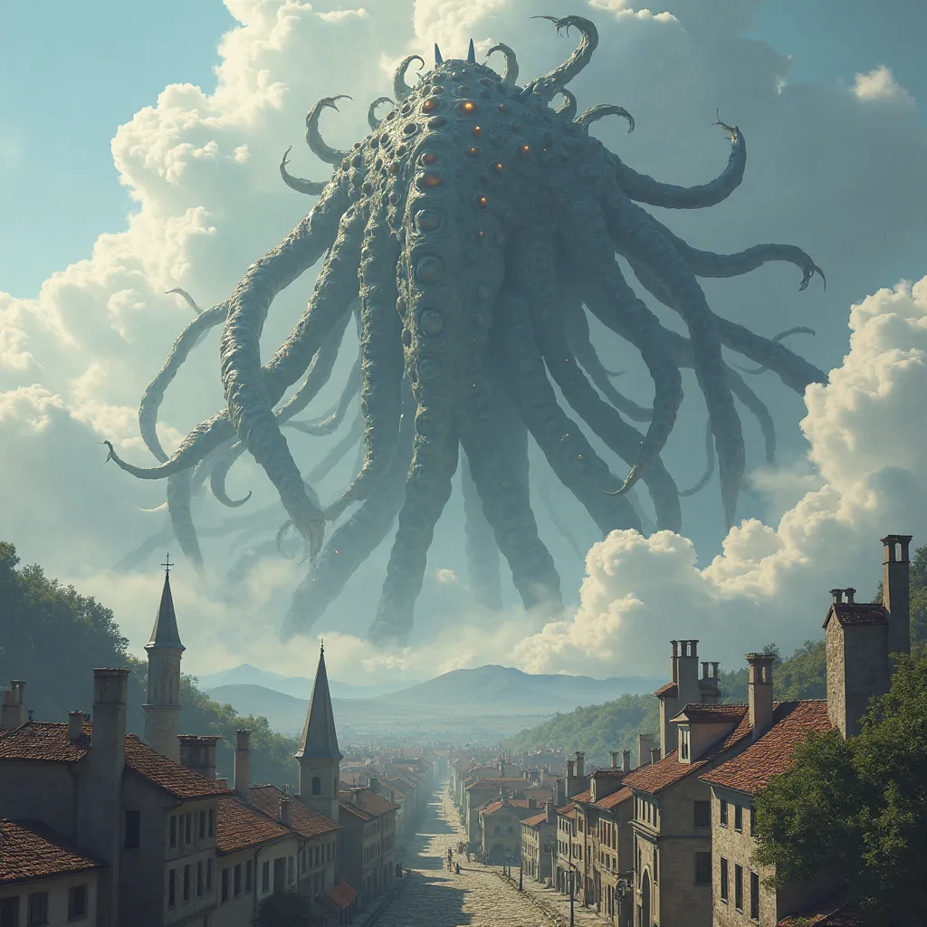 A huge creature with lots of eyes with lots of thick long legs rises into the clouds above the tiny medieval town below. Aerial view from a great height.