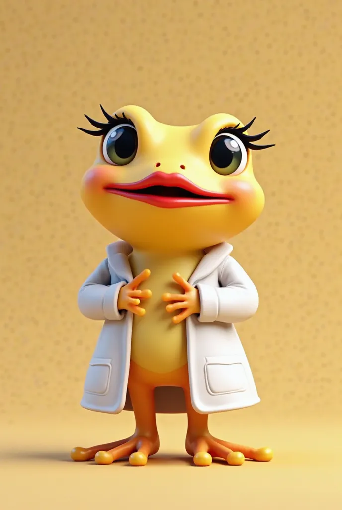 Create a cheerful 3D cartoon frog with smooth, bright yellow skin, wearing a clean white lab coat and bold red lipstick. Give it long, flirty black eyelashes, a playful pose, and a mischievous expression. Use soft lighting, pastel background details, and r...