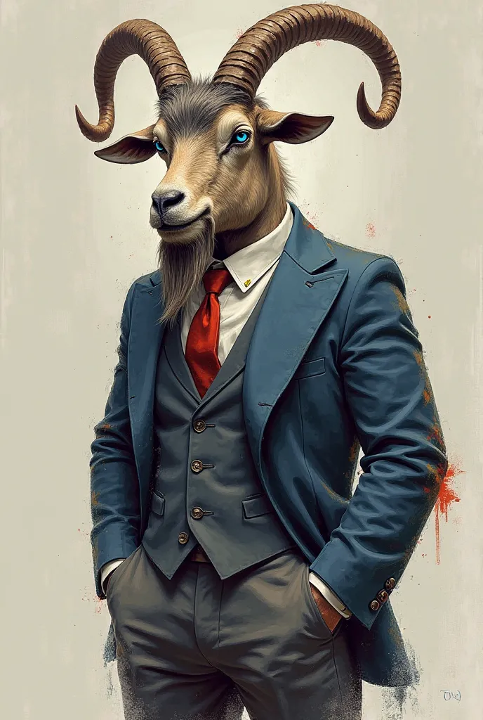 A man-style goat, with a big beard and well dressed for an event,  high resolution ,  impressionism,  Masterpiece, Best quality socks, short hair and blue eyes , Spartan and gray beard and full body