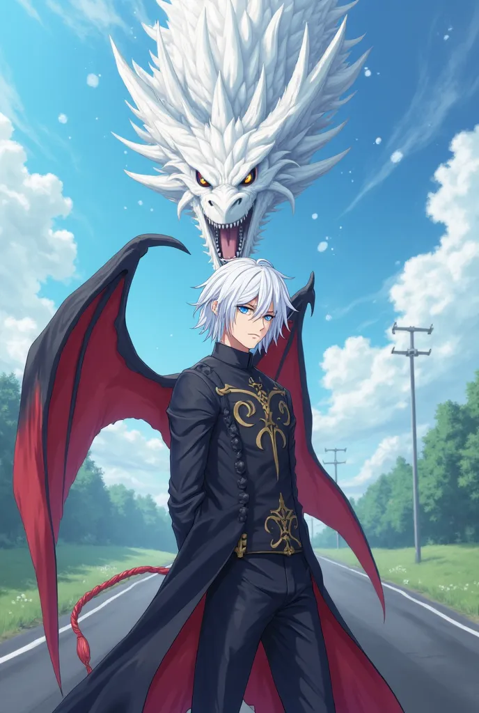 He creates a masterpiece of the anime High School dxd, with Vali Lucifer with a serious expression on his face, with his white hair and his black clothes, with his demon wings on his back, the place is in the middle of a road with a sky blue sky and a huge...