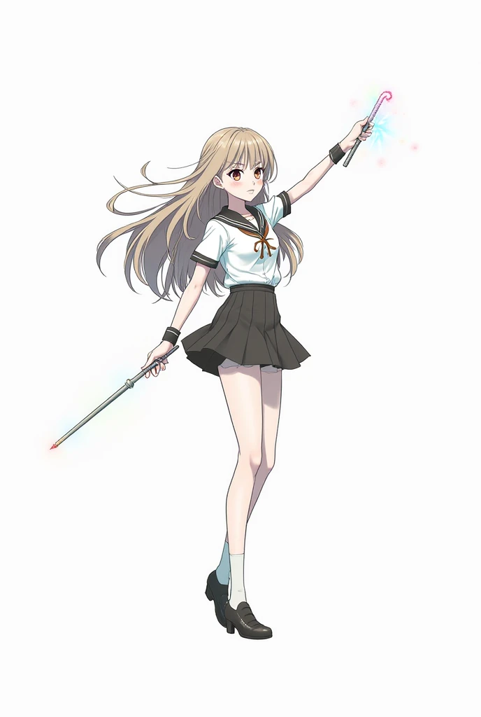 Girl, holding a wand, anime style, manhwa style, wearing a uniform, long hair, line art, white background 