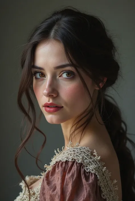  20-year-old young woman, in Victorian dress,  Long Dark Brown Hair ,  Hazelnut Eyes, red lips, gray background