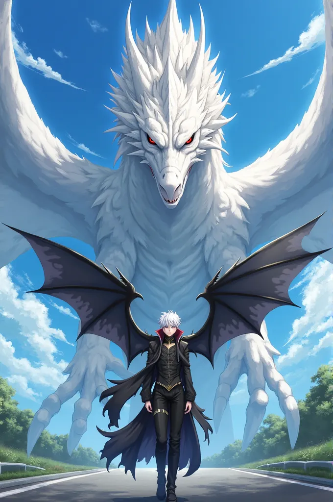 He creates a masterpiece of the anime High School dxd, with Vali Lucifer with a serious expression on his face, with his white hair and his black clothes, with his demon wings on his back, the place is in the middle of a road with a sky blue sky and a huge...