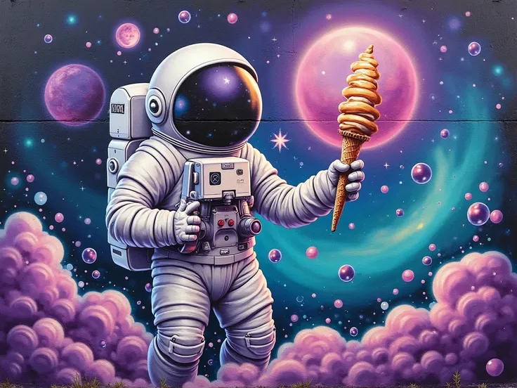 Graffiti of an astronaut with a giant ice cream and small ice creams around and the universe all in purple colors, blue and green with lots of floating bubbles and also cups of coffee where bubbles appear, good quality and lively