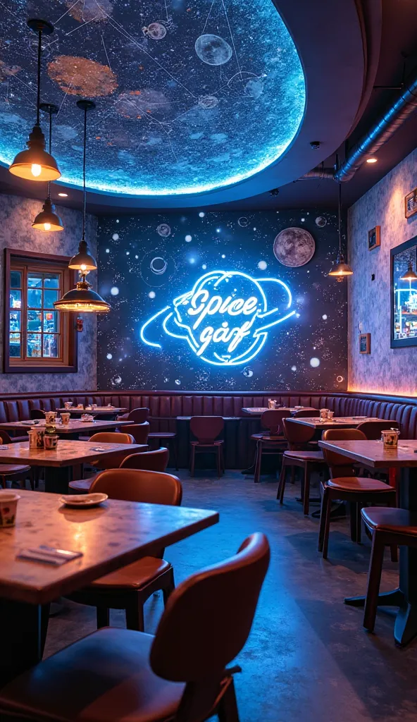 interior of the space cafe。and a digital constellation map is projected on the wall。small artificial planets float on each table、slowly spinning。 bright 「Space bar」Neon sign with 。an aurora-like light flows on the ceiling,、The whole store has a fantastic a...