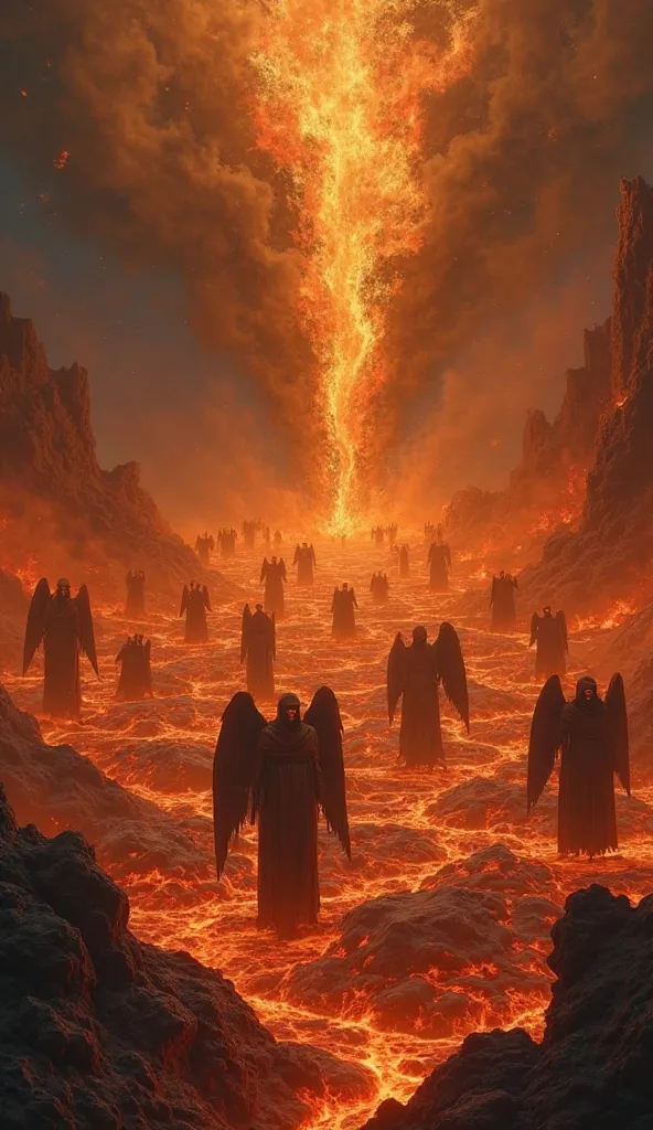 A vast sea of boiling lava, where dark figures of fallen angels scream in pain as they are consumed by flames. The shapes of angels are distorted, their faces express terror and suffering. around, great pillars of fire rise to heaven, And at the top , ange...