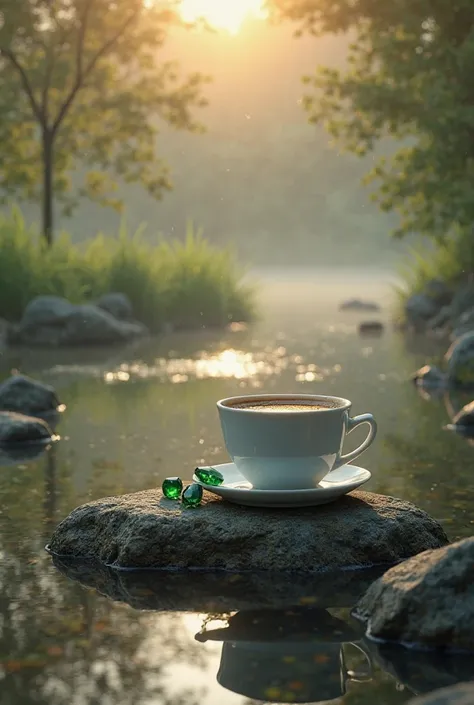  results Full Photo quality Hyperealism, artistic , realism,  Ultra HD, unique, 4dimensional , a cup of hot coffee and three grains of oval round emerald gemstones are on a small rock in the flowing riverside grass, there was a koi fish jumping out of the ...