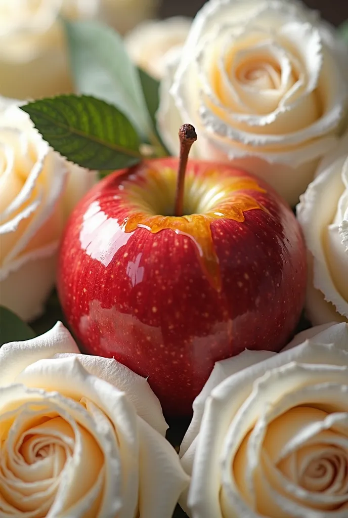 Red apple covered in honey among white roses 