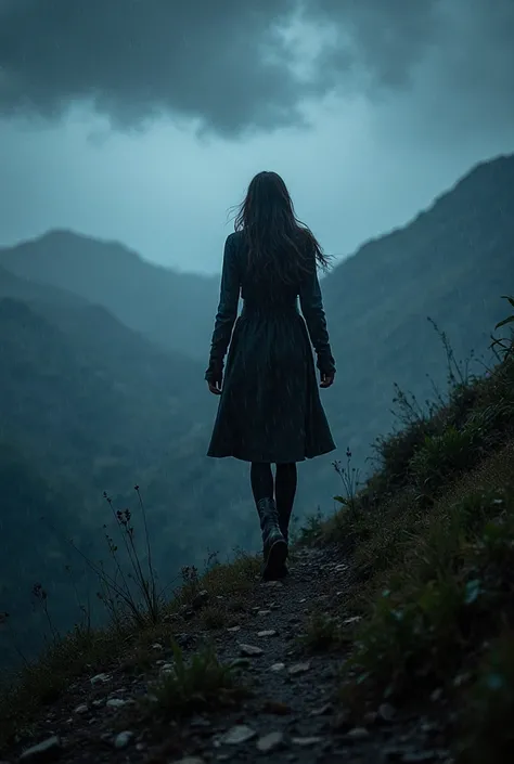 EIne Frau Im weIßen KleId, trägt Schwere Kette am Fuß klettert nachts Im Regen und Sturm auf eInem Berg. Über dem Berg schwebt sehr vIel LIcht. Wald Natur Regen GewItter. dramatIsch. real. realIst.k.I.  tränen Im GesIcht. VerzweIflung.