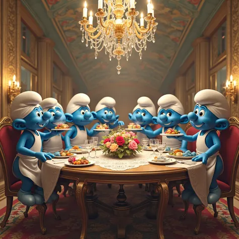 Generate Smurfs dressed as waiters serving guests at a large table in a dining room with lots of decoration on the table