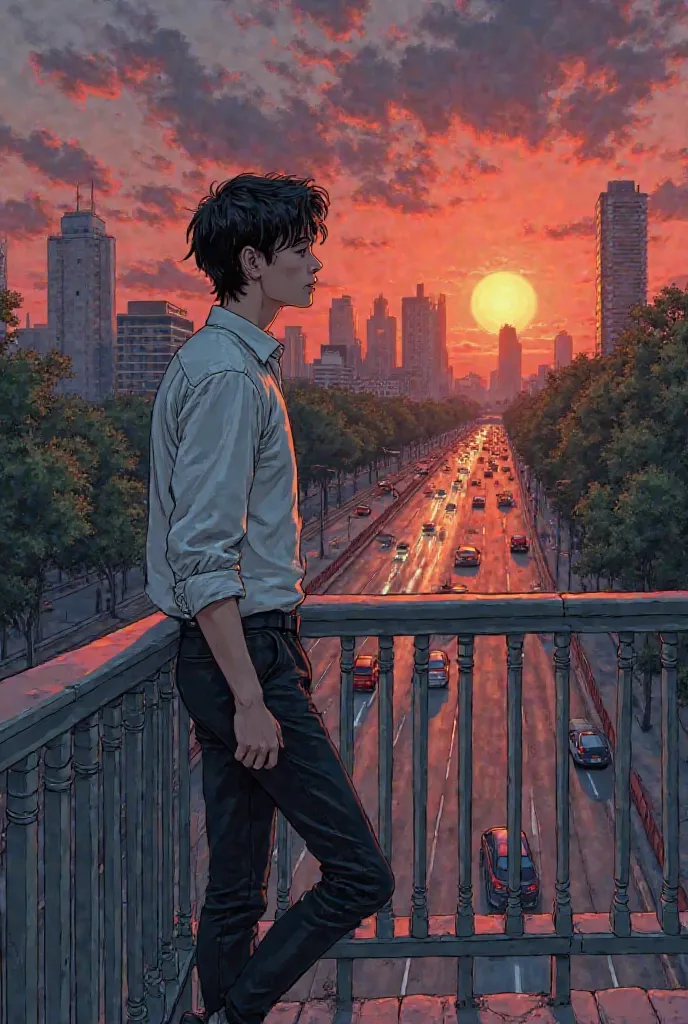 In comic style A pedestrian bridge with a view of the city at sunset. The cars pass below with their lights on, and the buildings reflect the last rays of the sun.

 characters:

Carlos (Hero,  now a teenager ): Approximately 16-, thin,  light leather balc...