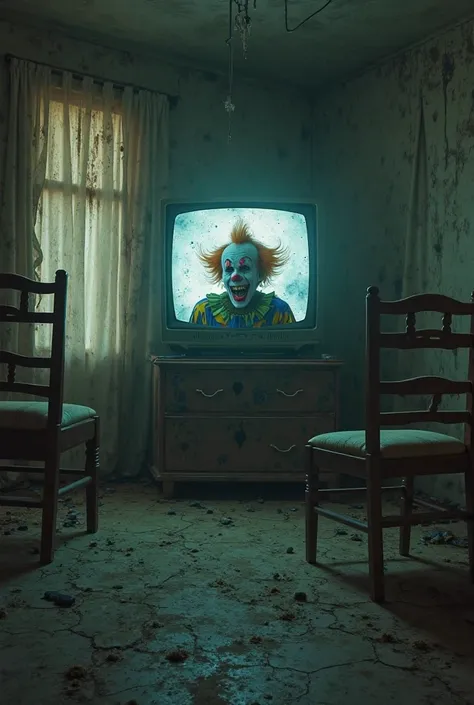 A clown emerges from a television screen and laughs out loud in a dark, dirty and empty room where there are empty chairs lying on the floor. 