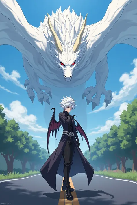 He creates a masterpiece of the anime High School dxd, with Vali Lucifer with a serious expression on his face, with his white hair and his black clothes, with his demon wings on his back, the place is in the middle of a road with a sky blue sky and a huge...