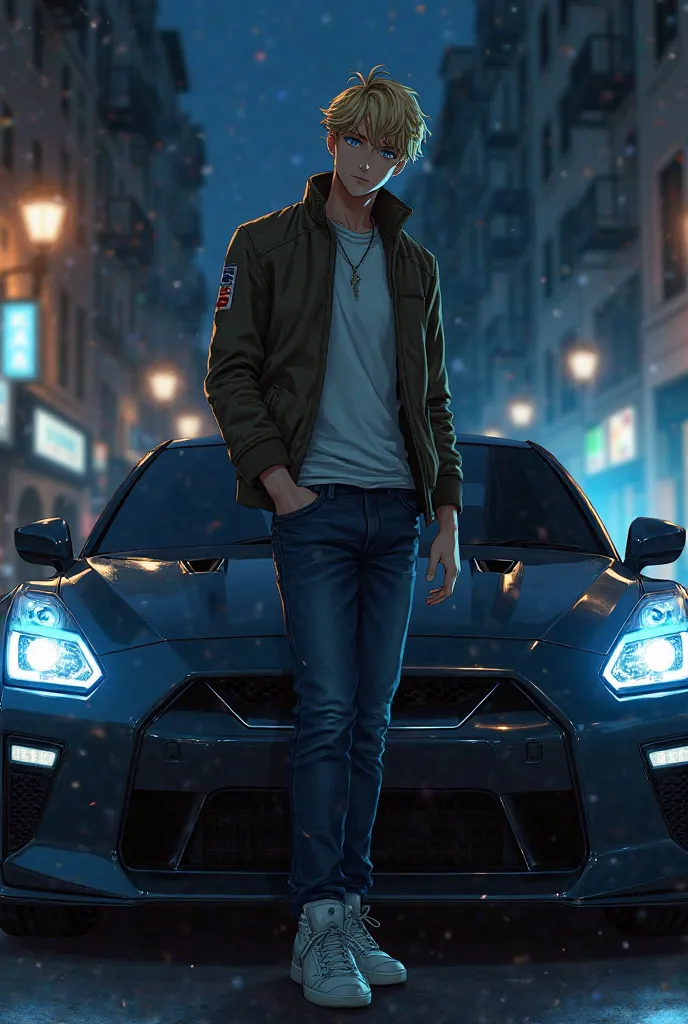 A tall, blonde-haired male character, Minato Namikaze, stepping out of a sleek Nissan GTR on a city street at night. He is dressed casually in a stylish jacket, jeans, and sneakers. His blue eyes reflect confidence, and his hair is slightly messy. The car'...