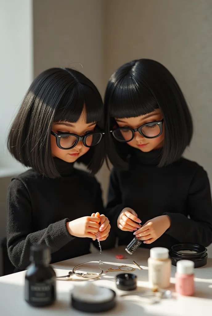 I want 2 dolls dressed in black with black hair and glasses with brown complexion cleaning the nail cuticle