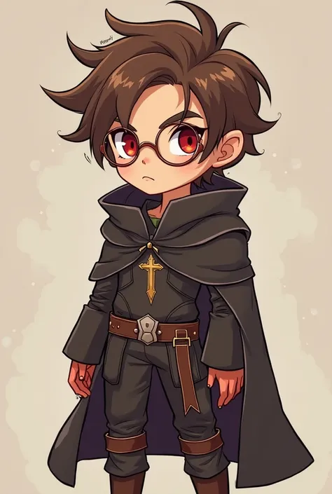 Make an RPG character seeking revenge, em cartoon,  medium muscular body ,wizar-like character, a character with brown hair, With Red Eyes, with a cross on his chest, he wears round glasses, He's wearing a cover